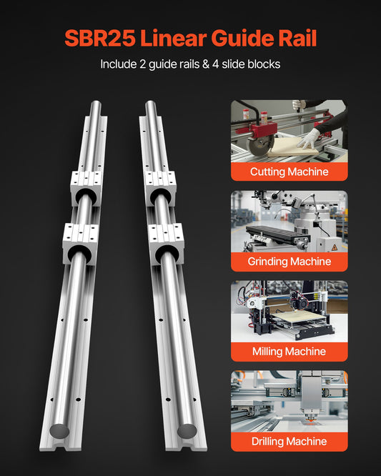 Linear Rail Kit, SBR25, 2Pcs 1200 mm (47.24 inch) Linear Motion Guide Rails and 4Pcs Bearing Slide Blocks, Fully Supported Shaft, for Cutting, Grinding, Milling, Drilling Machines, and More