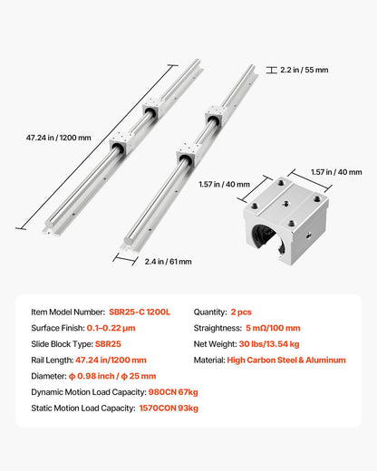 Linear Rail Kit, SBR25, 2Pcs 1200 mm (47.24 inch) Linear Motion Guide Rails and 4Pcs Bearing Slide Blocks, Fully Supported Shaft, for Cutting, Grinding, Milling, Drilling Machines, and More