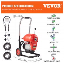 120m x 1.5m Heavy-Duty Drain Cleaner Machine, 1100W with Manual Feed