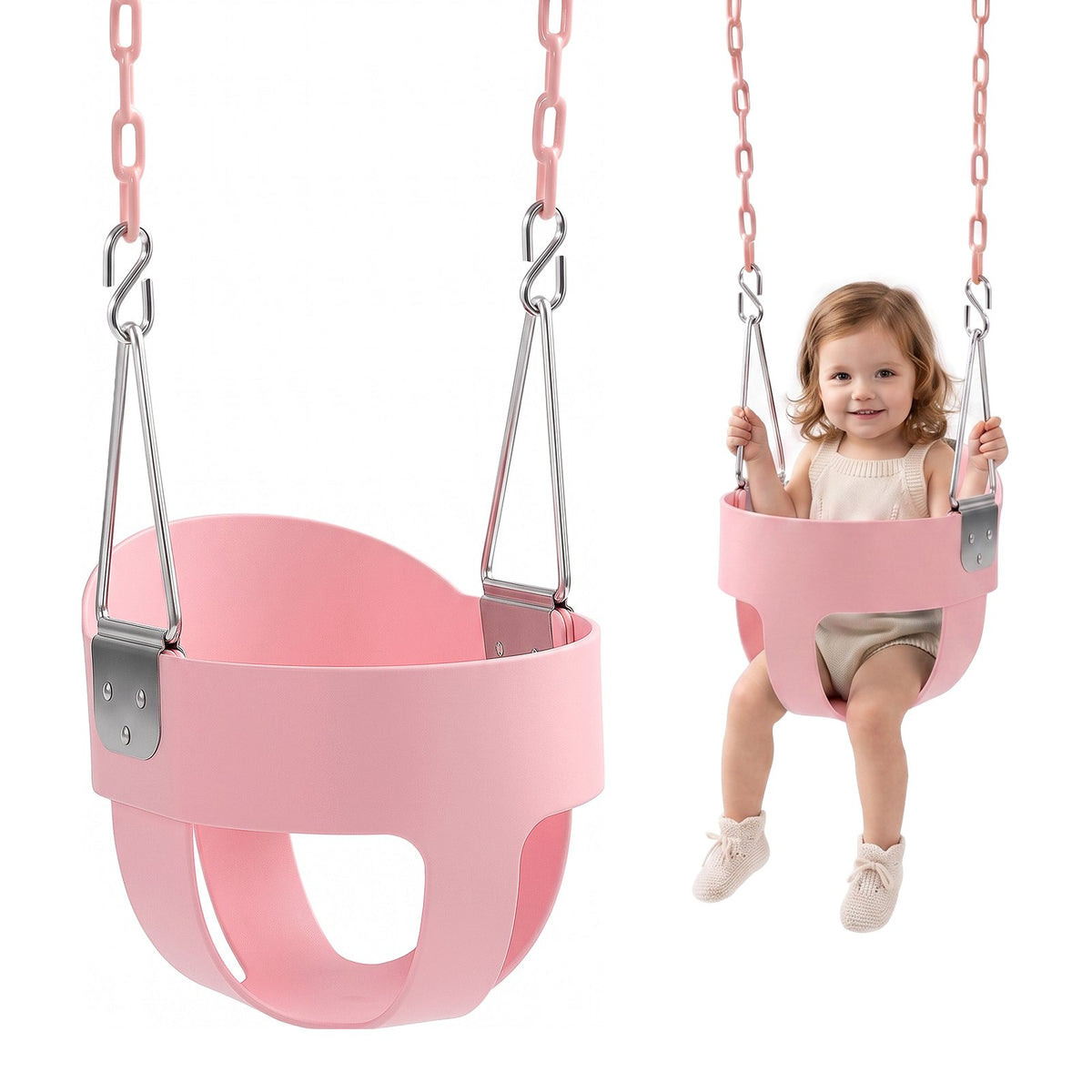 Toddler Swing 136 kg Load High Back Full Bucket Baby Swing Seat Pink, for Outdoor & Indoor Backyard Playground, Heavy-Duty Coated Chains and Carabiners, Fully Assembled Seat for Toddlers Age 3+