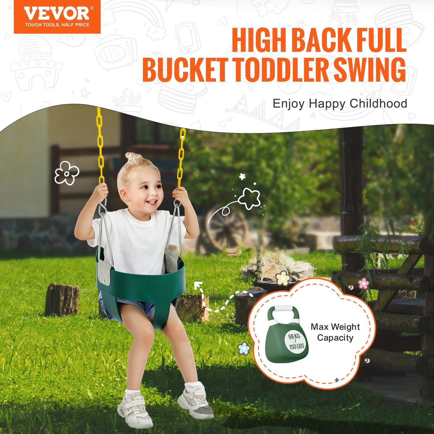 Toddler Swing Seat with High Back Support, 68 kg Capacity, Indoor/Outdoor Use