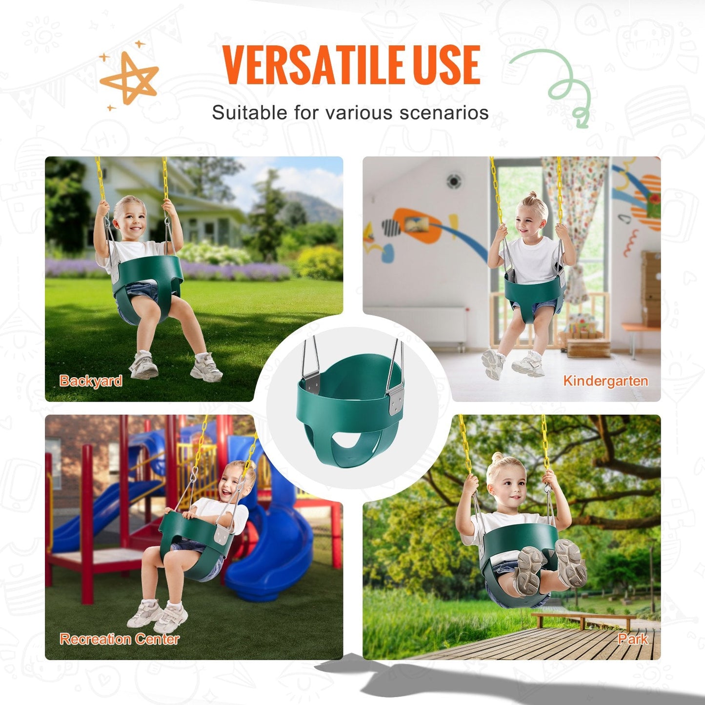 Toddler Swing Seat with High Back Support, 68 kg Capacity, Indoor/Outdoor Use
