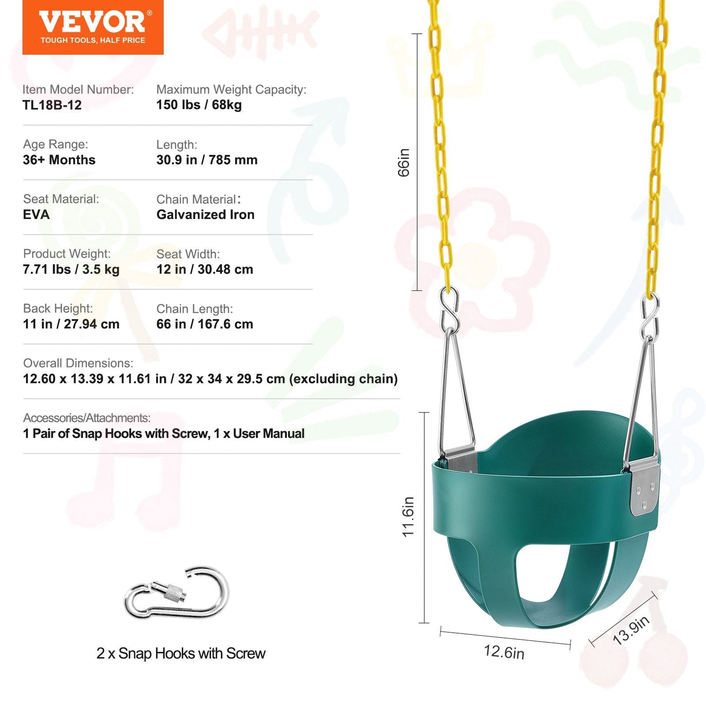 Toddler Swing Seat with High Back Support, 68 kg Capacity, Indoor/Outdoor Use
