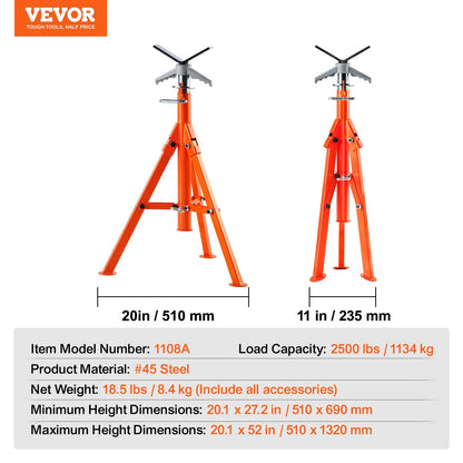 Heavy Duty Pipe Jack Stand, 1134 kg Capacity, Adjustable 0.69-1.32 m Height