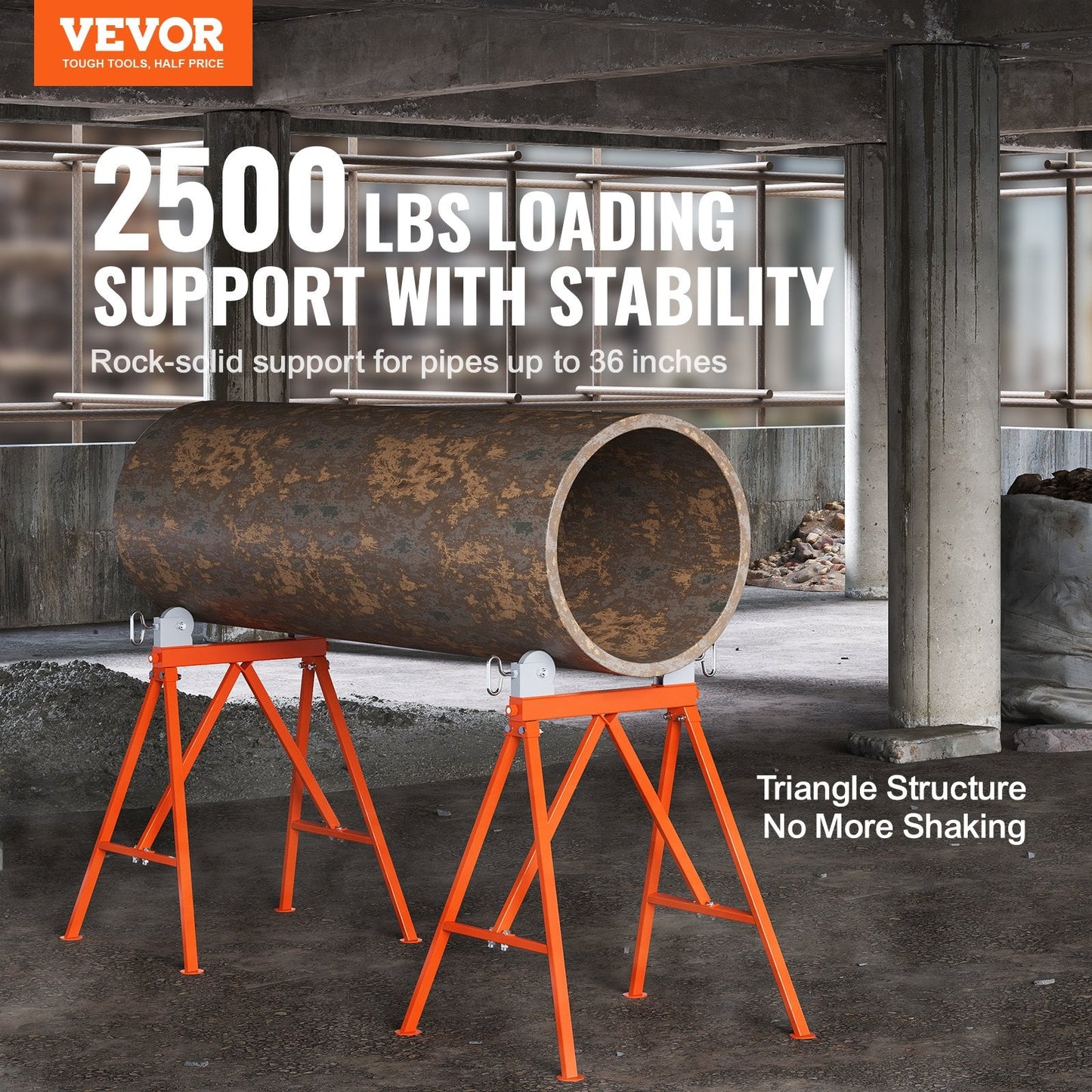 Heavy Duty Pipe Stand with Roller Head, Supports 1134 kg for 0.05-0.91 Meter Pipes