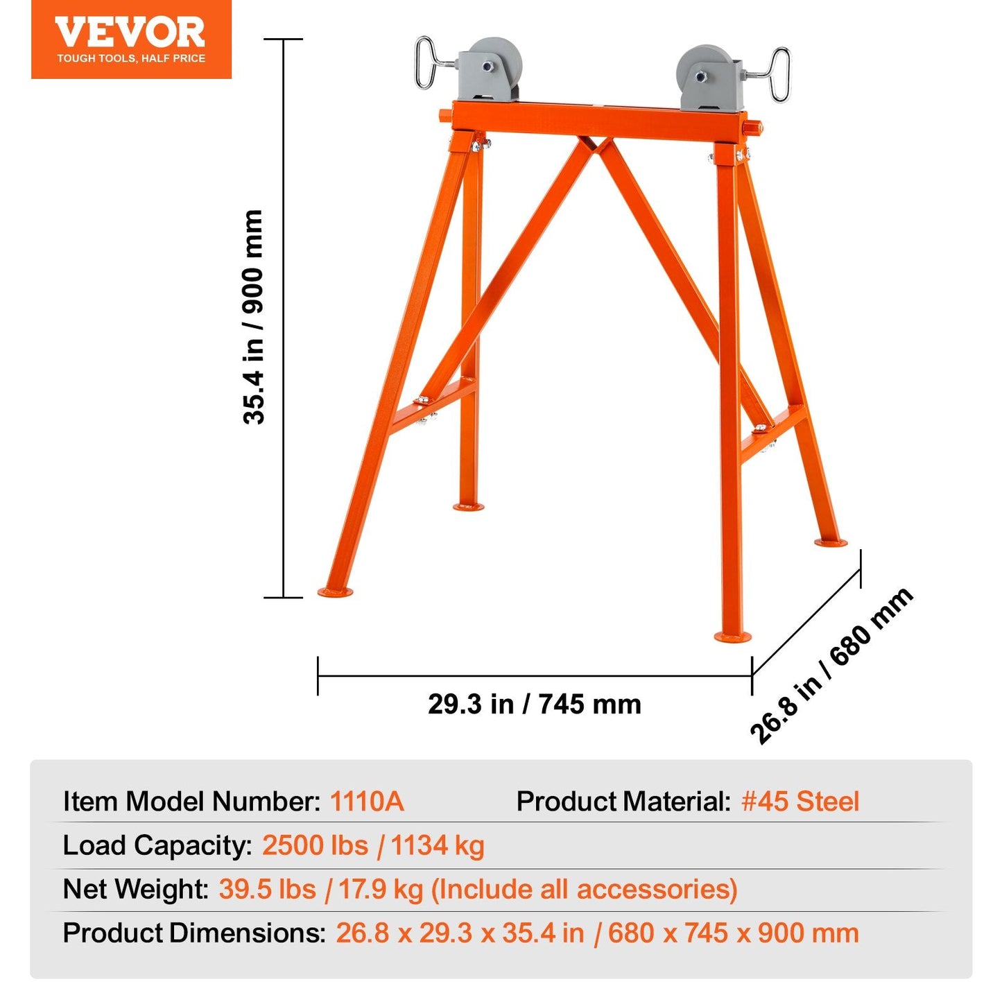 Heavy Duty Pipe Stand with Roller Head, Supports 1134 kg for 0.05-0.91 Meter Pipes