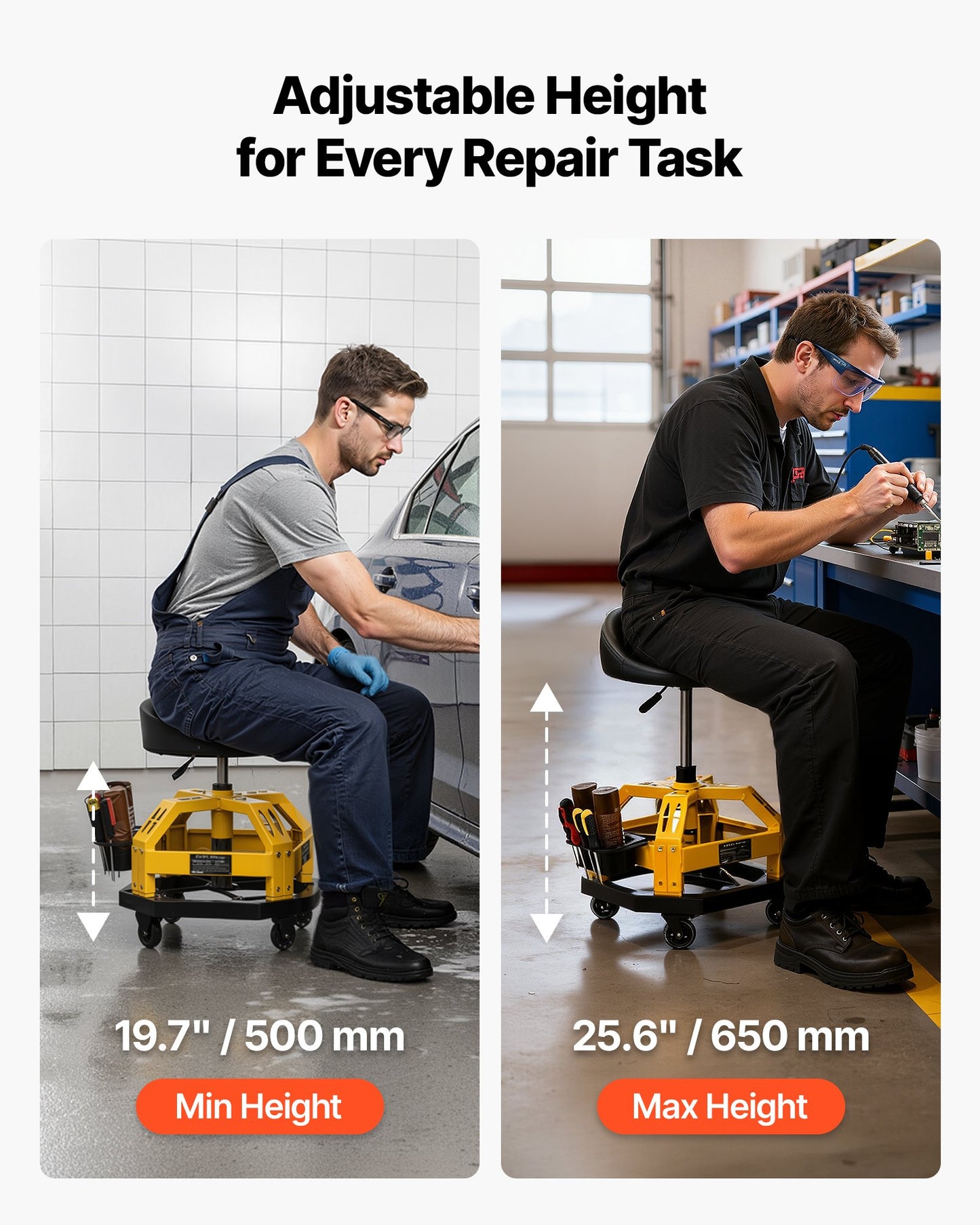 Rolling Shop Stool with Wheels, 500-650 mm Adjustable Height, 360° Swivel, 150 kg Capacity, Garage Work Mechanic Stool with Backrest, Tool Tray Storage, Padded Seat Shop Chair, Black/Yellow