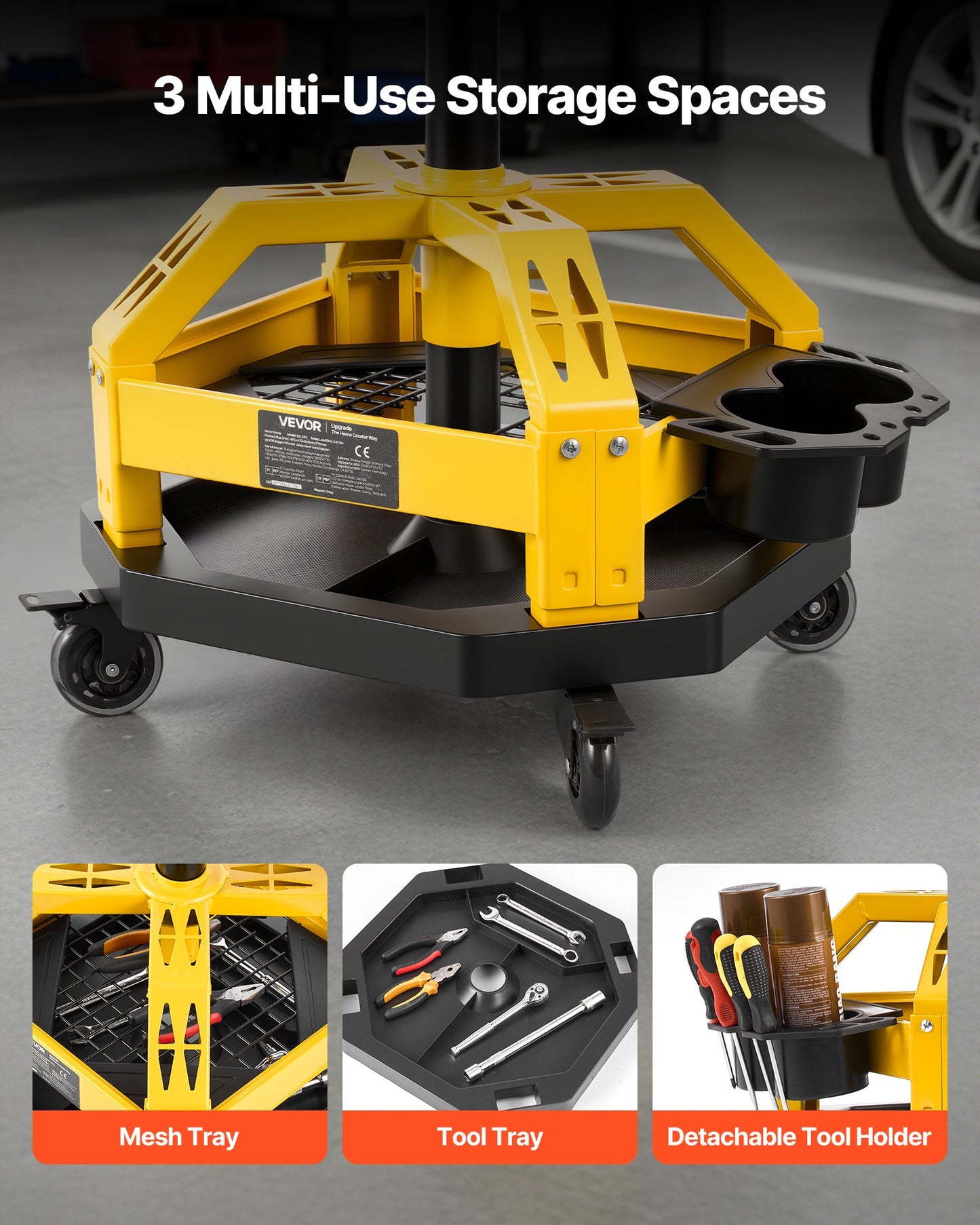 Rolling Shop Stool with Wheels, 500-650 mm Adjustable Height, 360° Swivel, 150 kg Capacity, Garage Work Mechanic Stool with Backrest, Tool Tray Storage, Padded Seat Shop Chair, Black/Yellow