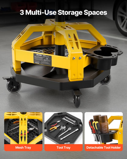 Rolling Shop Stool with Wheels, 500-650 mm Adjustable Height, 360° Swivel, 150 kg Capacity, Garage Work Mechanic Stool with Backrest, Tool Tray Storage, Padded Seat Shop Chair, Black/Yellow