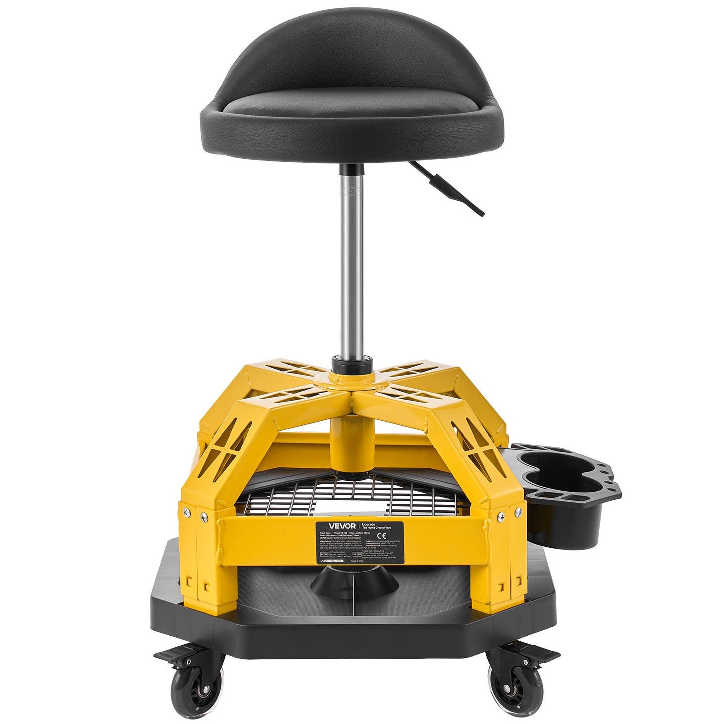 Rolling Shop Stool with Wheels, 500-650 mm Adjustable Height, 360° Swivel, 150 kg Capacity, Garage Work Mechanic Stool with Backrest, Tool Tray Storage, Padded Seat Shop Chair, Black/Yellow
