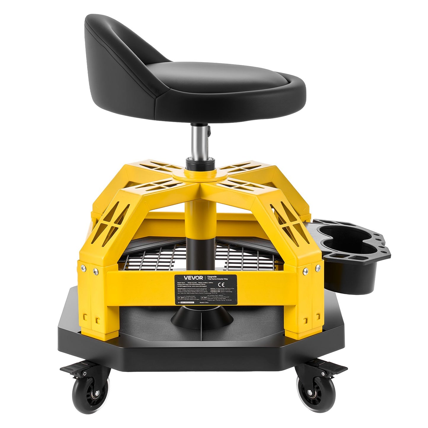 Rolling Shop Stool with Wheels, 500-650 mm Adjustable Height, 360° Swivel, 150 kg Capacity, Garage Work Mechanic Stool with Backrest, Tool Tray Storage, Padded Seat Shop Chair, Black/Yellow