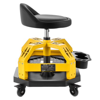 Rolling Shop Stool with Wheels, 500-650 mm Adjustable Height, 360° Swivel, 150 kg Capacity, Garage Work Mechanic Stool with Backrest, Tool Tray Storage, Padded Seat Shop Chair, Black/Yellow