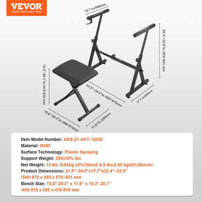 VEVOR Piano Keyboard Stand and Bench Set, Z Style, Heavy-Duty Digital Piano Music