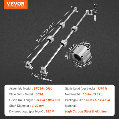 VEVOR Linear Guide Rail Set, SFC20 1000mm, 2 PCS 39.4 in/1000 mm SFC20 Guide Rails