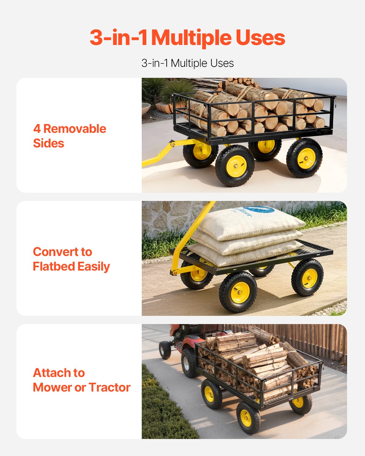 Steel Garden Cart, 544 kg Heavy Duty Pullable Garden Wagon Yard Cart, 2 in 1 Outdoor Metal Utility Wagon Yard Trailer with 330 mm All Terrain Tires, Mesh Detachable Sides & 180° Rotating Handle