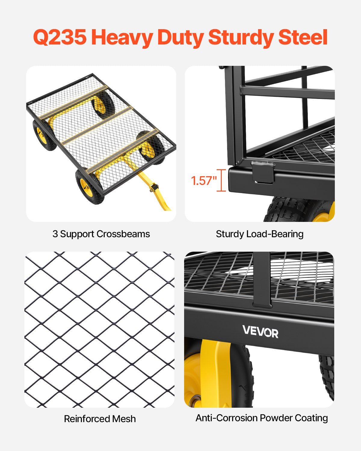 Steel Garden Cart, 544 kg Heavy Duty Pullable Garden Wagon Yard Cart, 2 in 1 Outdoor Metal Utility Wagon Yard Trailer with 330 mm All Terrain Tires, Mesh Detachable Sides & 180° Rotating Handle