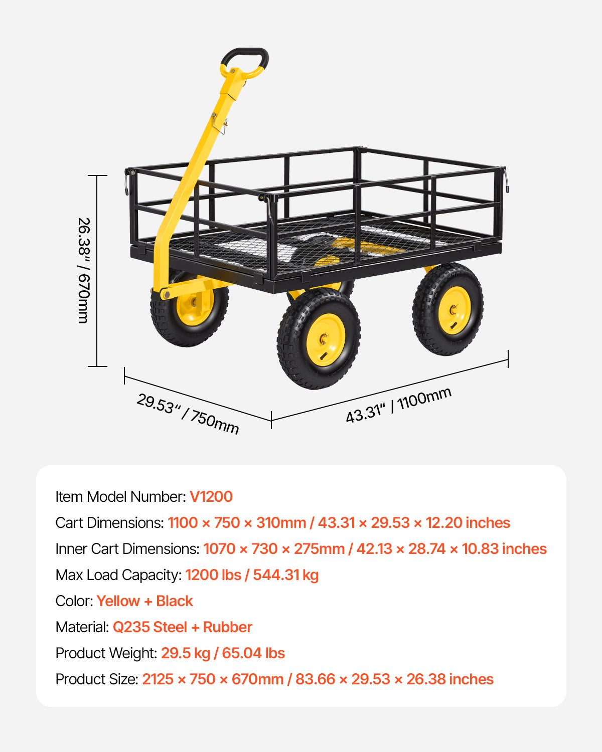 Steel Garden Cart, 544 kg Heavy Duty Pullable Garden Wagon Yard Cart, 2 in 1 Outdoor Metal Utility Wagon Yard Trailer with 330 mm All Terrain Tires, Mesh Detachable Sides & 180° Rotating Handle