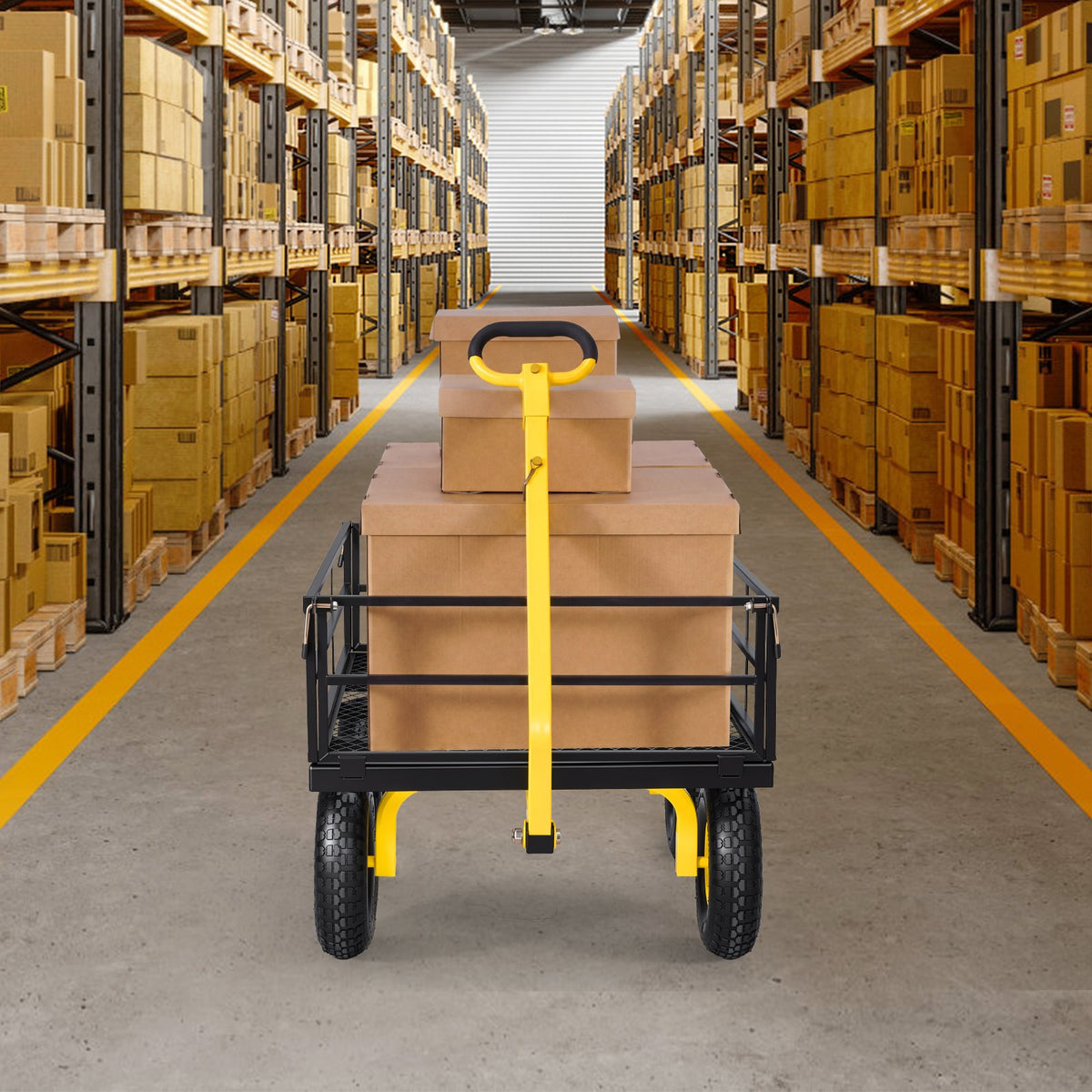 Steel Garden Cart, 544 kg Heavy Duty Pullable Garden Wagon Yard Cart, 2 in 1 Outdoor Metal Utility Wagon Yard Trailer with 330 mm All Terrain Tires, Mesh Detachable Sides & 180° Rotating Handle