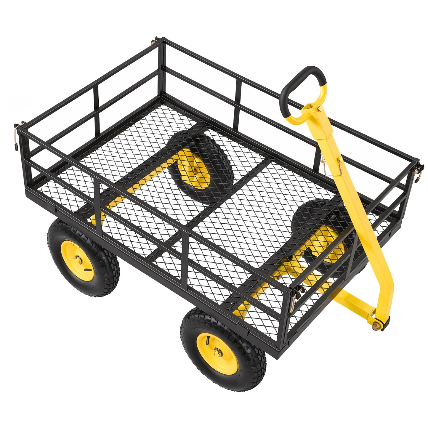 Steel Garden Cart, 544 kg Heavy Duty Pullable Garden Wagon Yard Cart, 2 in 1 Outdoor Metal Utility Wagon Yard Trailer with 330 mm All Terrain Tires, Mesh Detachable Sides & 180° Rotating Handle