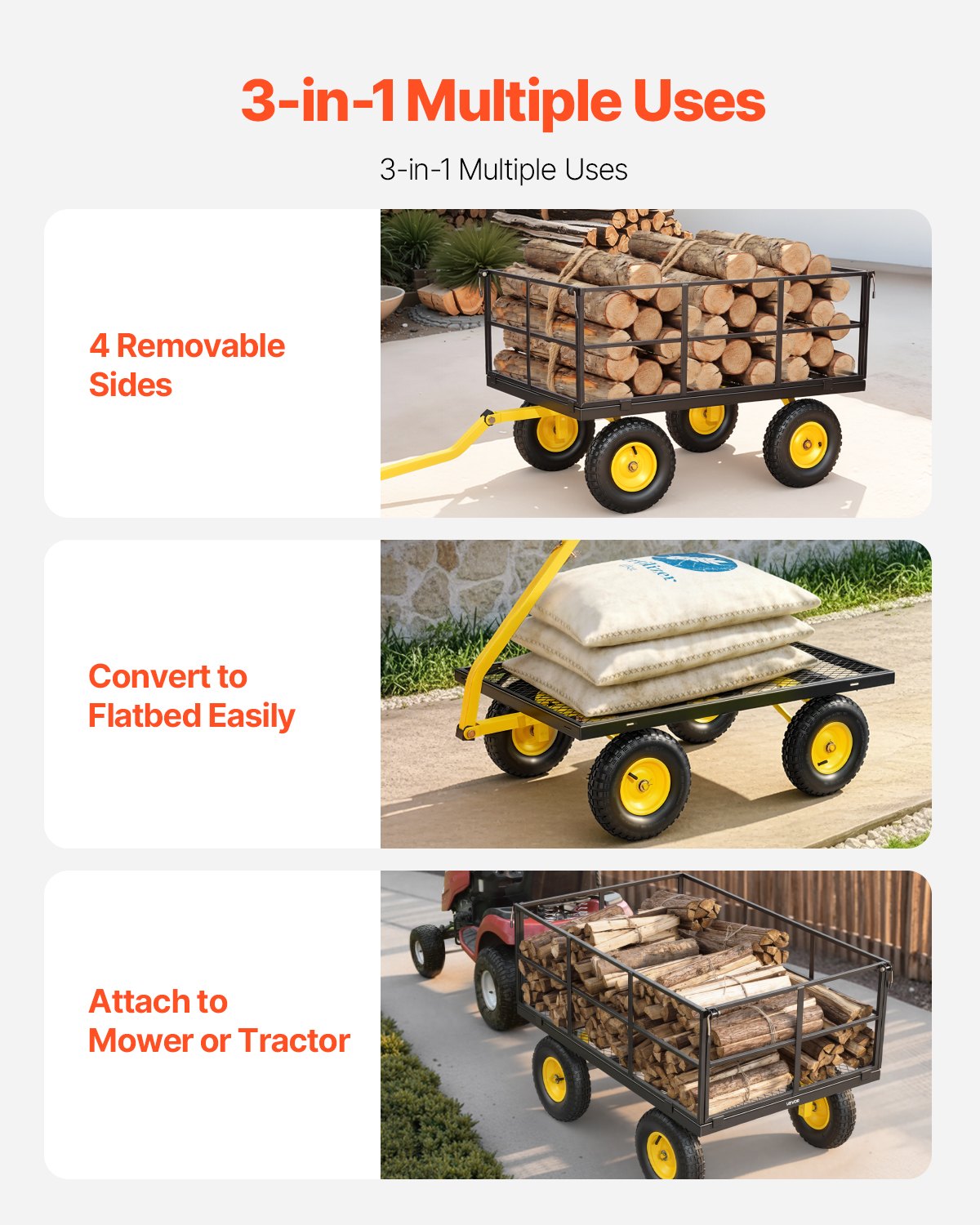 Steel Garden Cart, 635 kg Heavy Duty Pullable Garden Wagon Yard Cart, 2 in 1 Outdoor Metal Utility Wagon Yard Trailer with 330 mm All Terrain Tires, Mesh Detachable Sides & 180° Rotating Handle