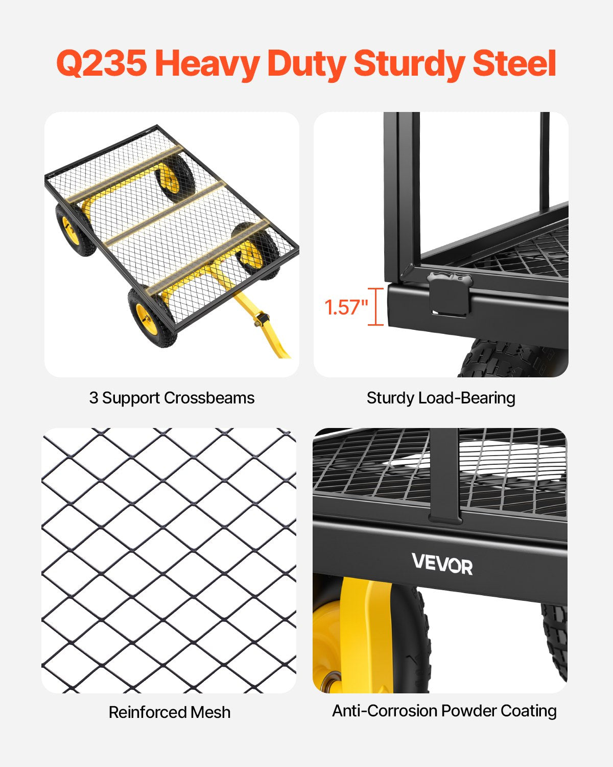 Steel Garden Cart, 635 kg Heavy Duty Pullable Garden Wagon Yard Cart, 2 in 1 Outdoor Metal Utility Wagon Yard Trailer with 330 mm All Terrain Tires, Mesh Detachable Sides & 180° Rotating Handle