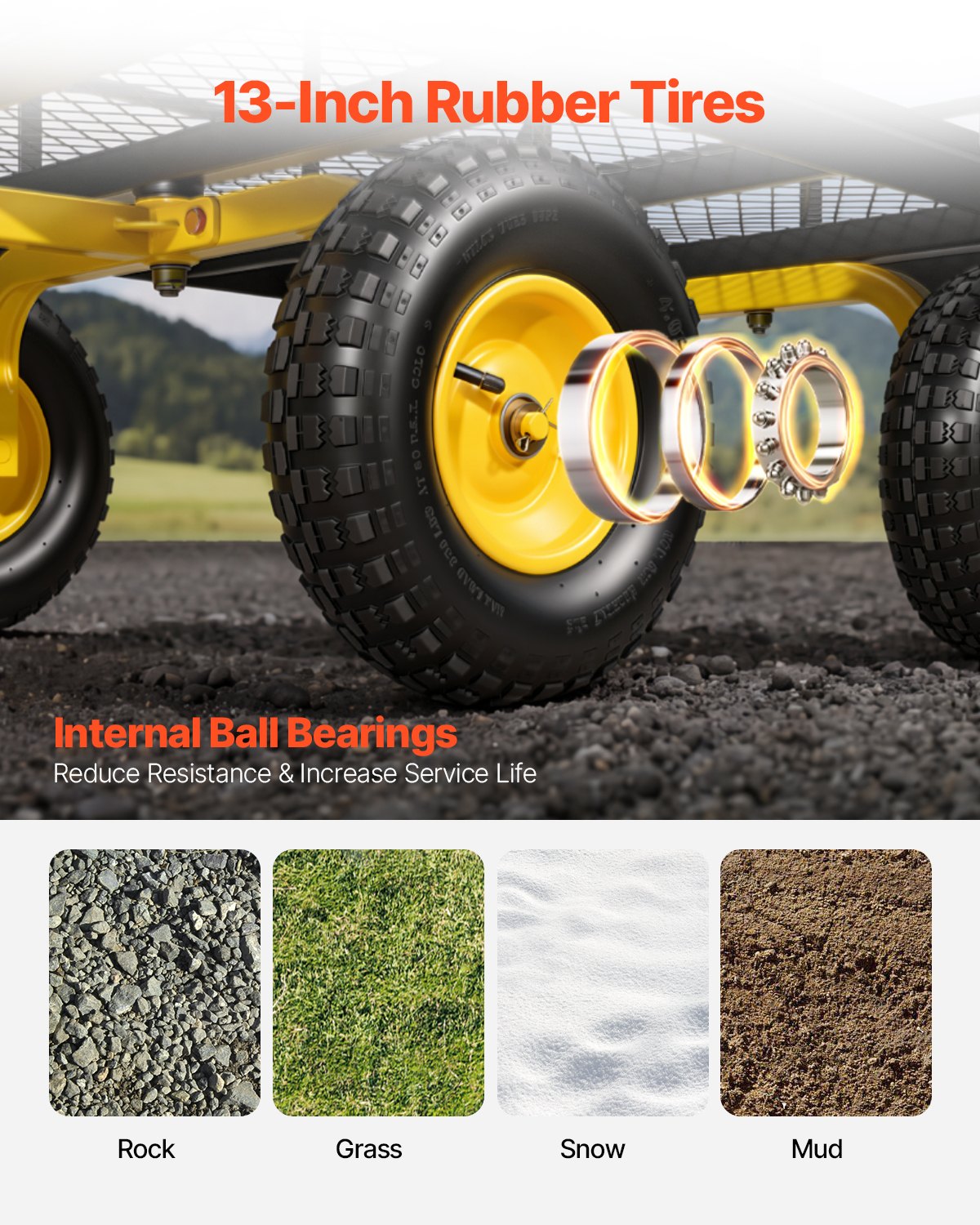 Steel Garden Cart, 635 kg Heavy Duty Pullable Garden Wagon Yard Cart, 2 in 1 Outdoor Metal Utility Wagon Yard Trailer with 330 mm All Terrain Tires, Mesh Detachable Sides & 180° Rotating Handle