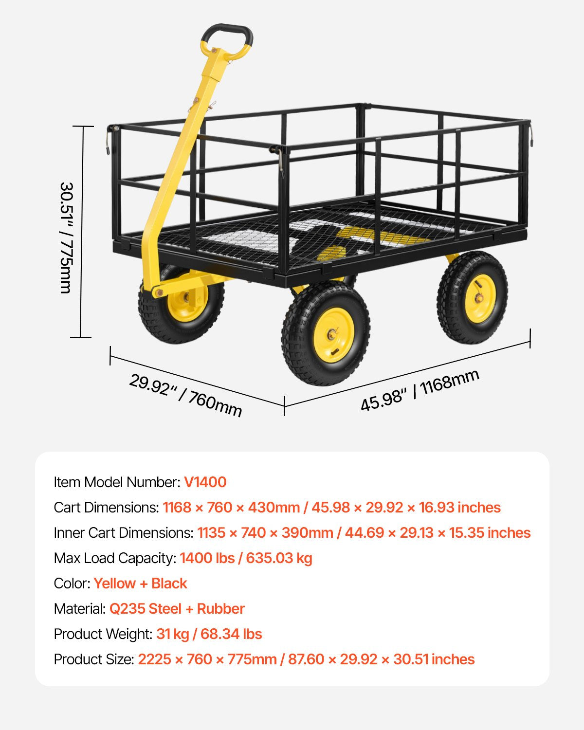 Steel Garden Cart, 635 kg Heavy Duty Pullable Garden Wagon Yard Cart, 2 in 1 Outdoor Metal Utility Wagon Yard Trailer with 330 mm All Terrain Tires, Mesh Detachable Sides & 180° Rotating Handle