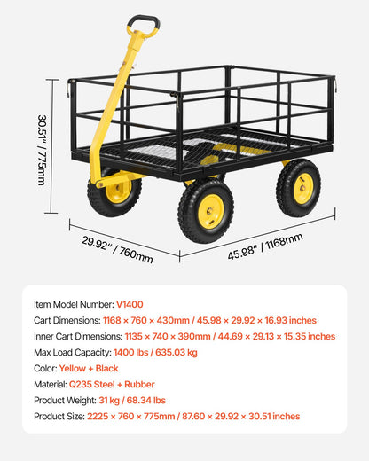 Steel Garden Cart, 635 kg Heavy Duty Pullable Garden Wagon Yard Cart, 2 in 1 Outdoor Metal Utility Wagon Yard Trailer with 330 mm All Terrain Tires, Mesh Detachable Sides & 180° Rotating Handle