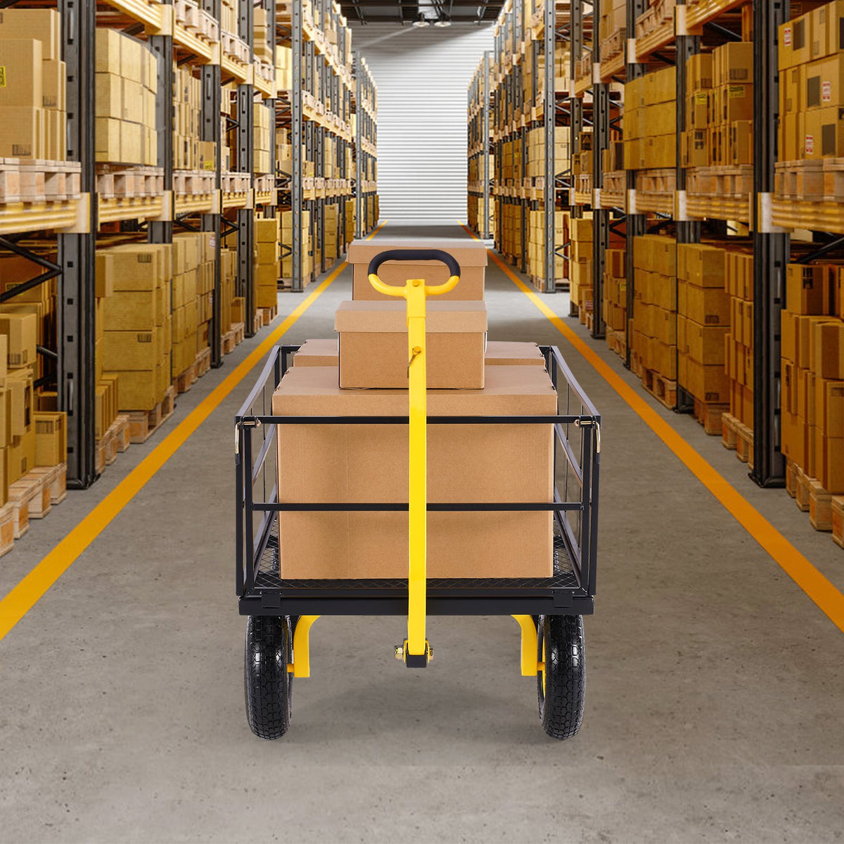 Steel Garden Cart, 635 kg Heavy Duty Pullable Garden Wagon Yard Cart, 2 in 1 Outdoor Metal Utility Wagon Yard Trailer with 330 mm All Terrain Tires, Mesh Detachable Sides & 180° Rotating Handle