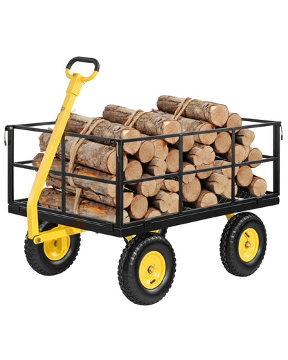 Steel Garden Cart, 635 kg Heavy Duty Pullable Garden Wagon Yard Cart, 2 in 1 Outdoor Metal Utility Wagon Yard Trailer with 330 mm All Terrain Tires, Mesh Detachable Sides & 180° Rotating Handle