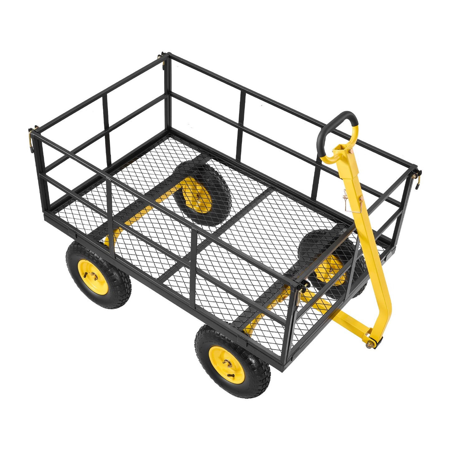 Steel Garden Cart, 635 kg Heavy Duty Pullable Garden Wagon Yard Cart, 2 in 1 Outdoor Metal Utility Wagon Yard Trailer with 330 mm All Terrain Tires, Mesh Detachable Sides & 180° Rotating Handle