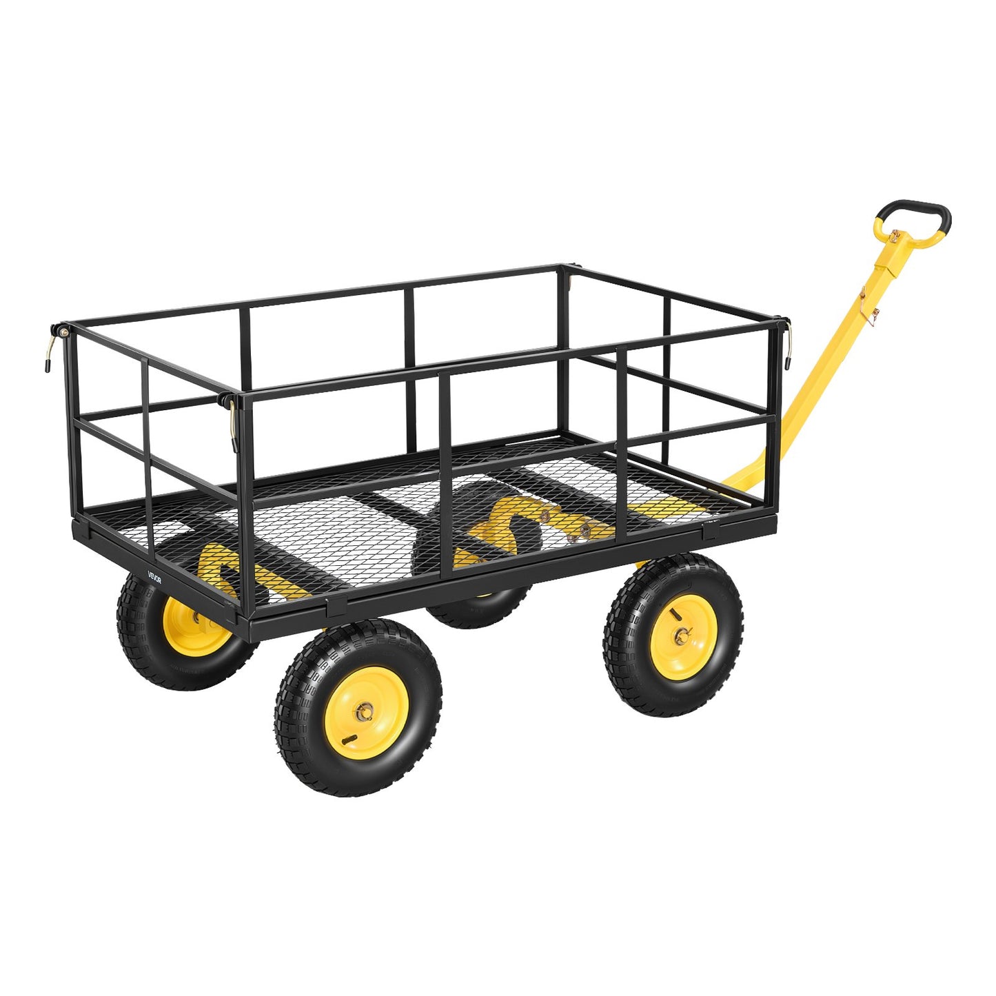 Steel Garden Cart, 635 kg Heavy Duty Pullable Garden Wagon Yard Cart, 2 in 1 Outdoor Metal Utility Wagon Yard Trailer with 330 mm All Terrain Tires, Mesh Detachable Sides & 180° Rotating Handle