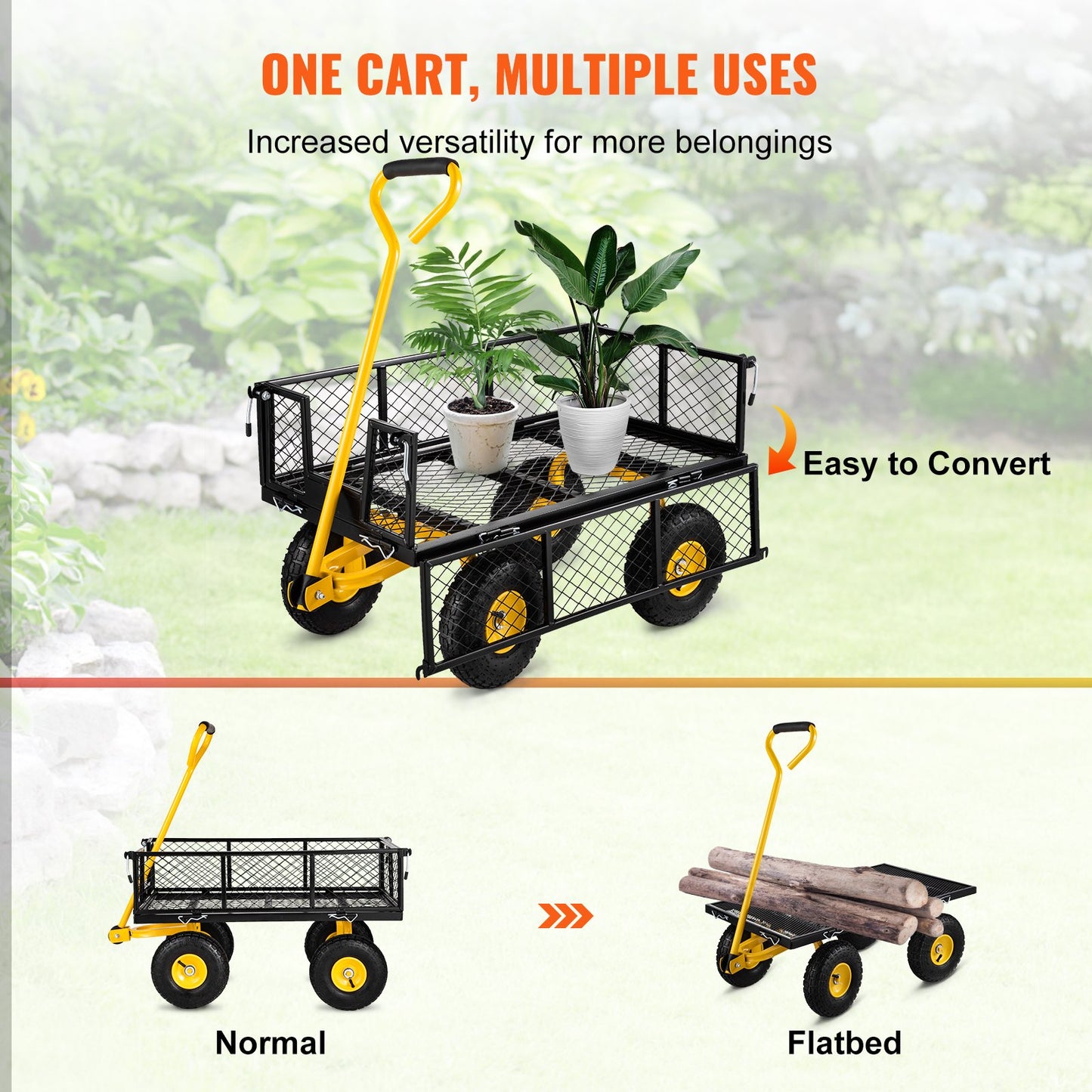 VEVOR Steel Garden Cart, Heavy Duty 900 lbs Capacity, with Removable Mesh Sides