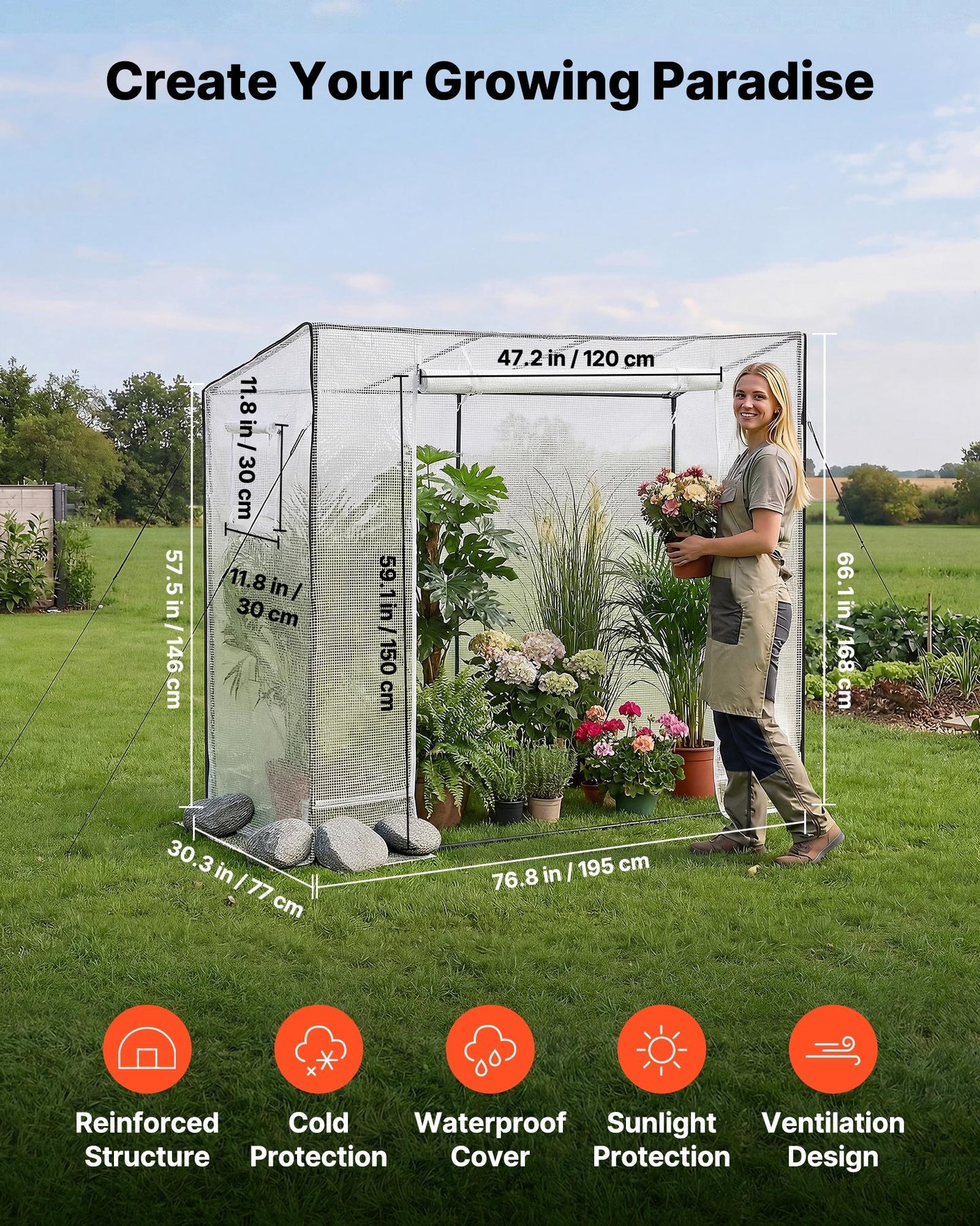 Walk-in Greenhouse, 195 x 77 x 168 cm Greenhouse for Outdoors with Windows, Durable PE Cover, Roll-Up Zipper Door, Walk in Green House Kit, Portable Plant Garden Hot House for Backyard, Outside