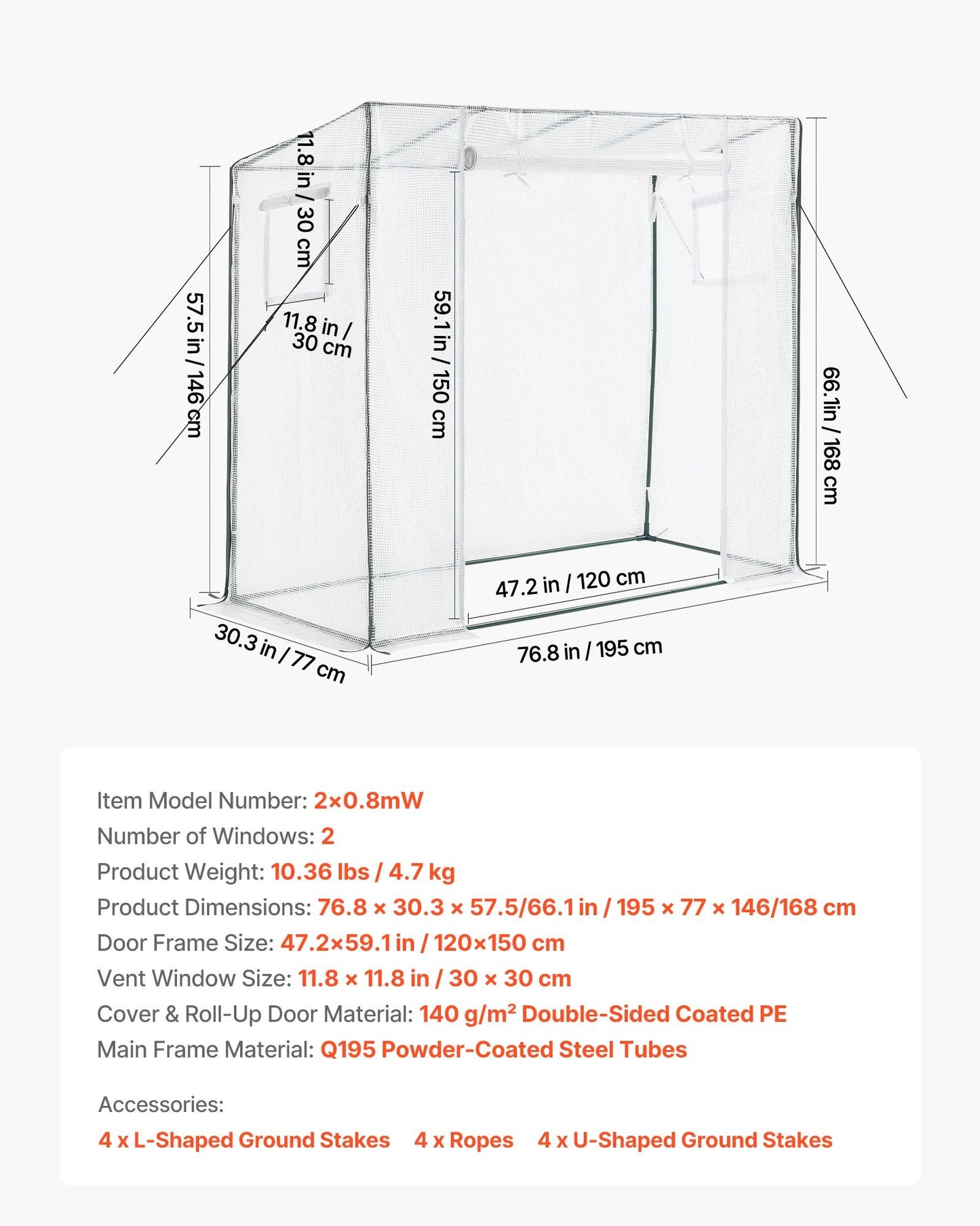Walk-in Greenhouse, 195 x 77 x 168 cm Greenhouse for Outdoors with Windows, Durable PE Cover, Roll-Up Zipper Door, Walk in Green House Kit, Portable Plant Garden Hot House for Backyard, Outside