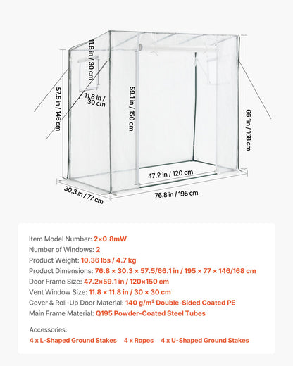 Walk-in Greenhouse, 195 x 77 x 168 cm Greenhouse for Outdoors with Windows, Durable PE Cover, Roll-Up Zipper Door, Walk in Green House Kit, Portable Plant Garden Hot House for Backyard, Outside