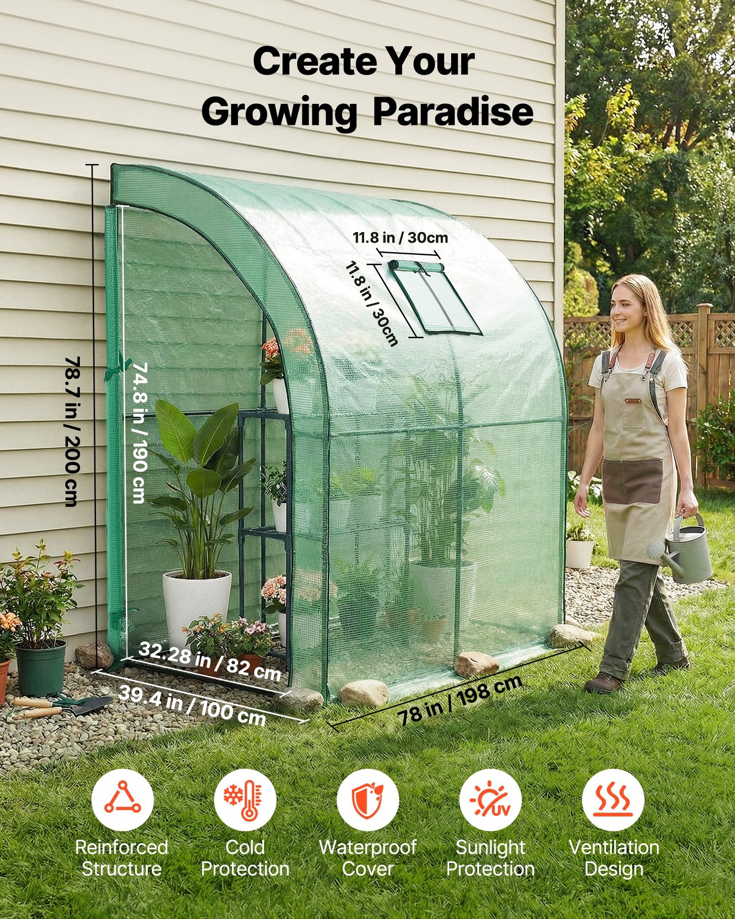 Walk-in Greenhouse, 198 x 100 x 200 cm Greenhouse for Outdoors with Window, PE Cover, 3-Tier Shelf, Roll-Up Zipper Doors, Walk in Green House Kit, Portable Plant Garden Hot House for Backyard