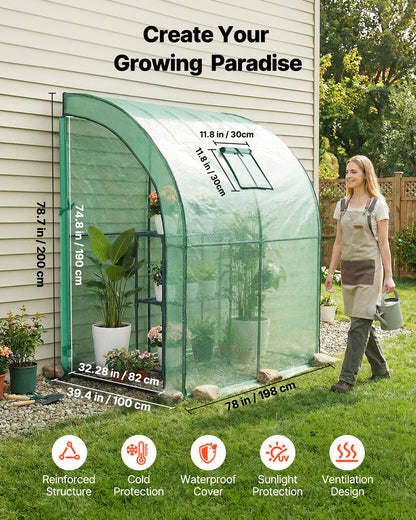 Walk-in Greenhouse, 198 x 100 x 200 cm Greenhouse for Outdoors with Window, PE Cover, 3-Tier Shelf, Roll-Up Zipper Doors, Walk in Green House Kit, Portable Plant Garden Hot House for Backyard