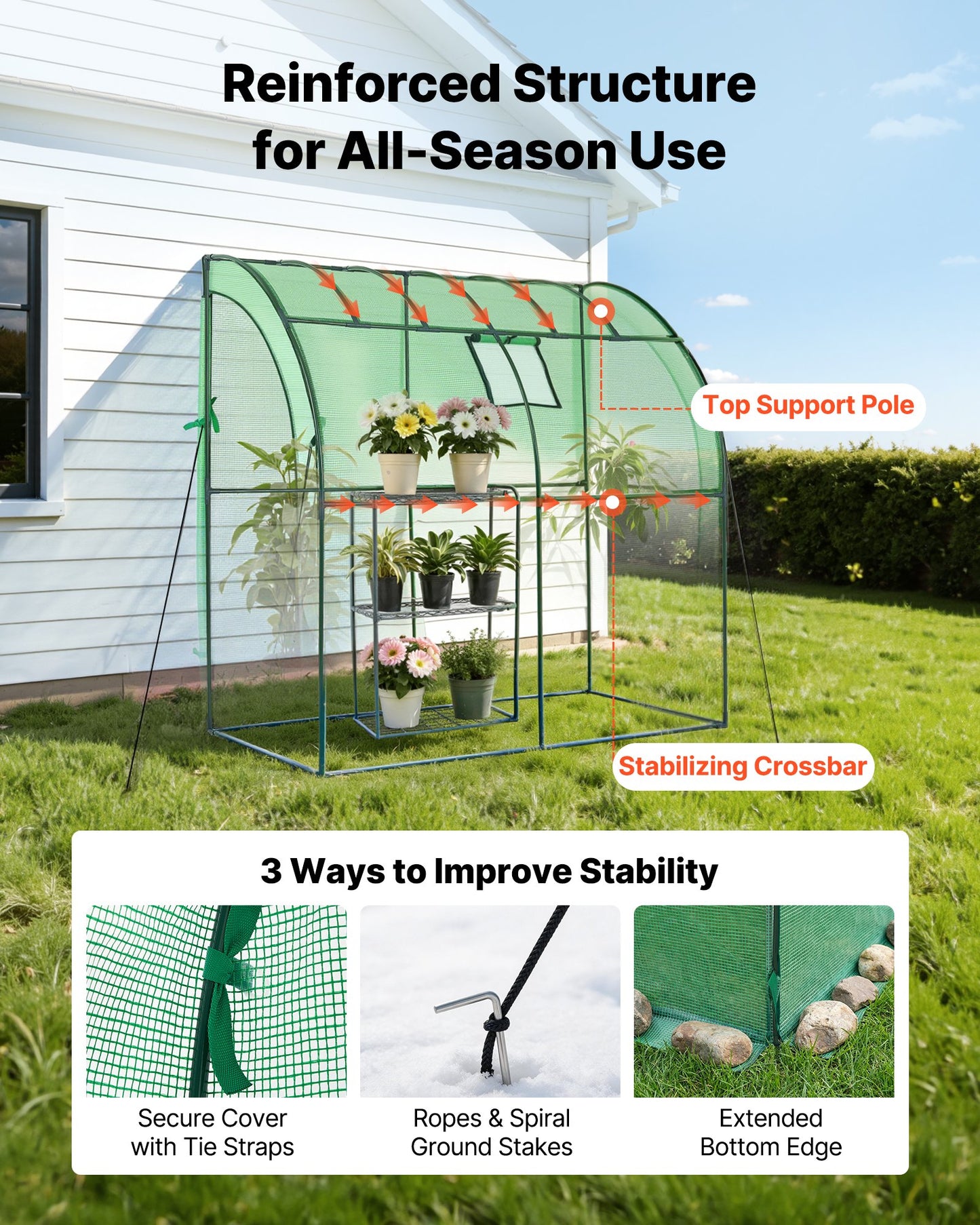 Walk-in Greenhouse, 198 x 100 x 200 cm Greenhouse for Outdoors with Window, PE Cover, 3-Tier Shelf, Roll-Up Zipper Doors, Walk in Green House Kit, Portable Plant Garden Hot House for Backyard