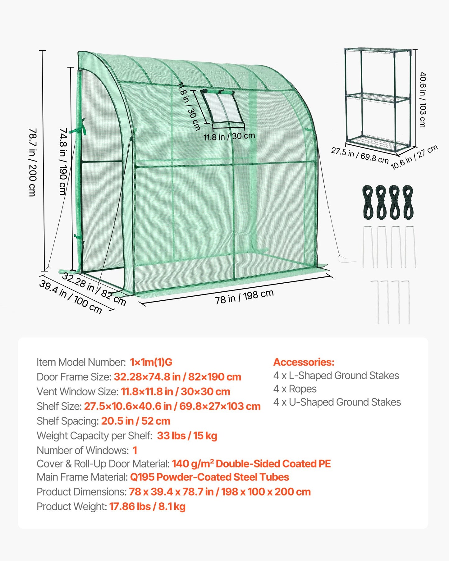 Walk-in Greenhouse, 198 x 100 x 200 cm Greenhouse for Outdoors with Window, PE Cover, 3-Tier Shelf, Roll-Up Zipper Doors, Walk in Green House Kit, Portable Plant Garden Hot House for Backyard