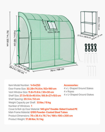 Walk-in Greenhouse, 198 x 100 x 200 cm Greenhouse for Outdoors with Window, PE Cover, 3-Tier Shelf, Roll-Up Zipper Doors, Walk in Green House Kit, Portable Plant Garden Hot House for Backyard