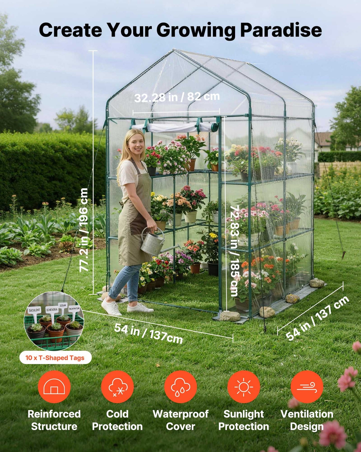 Walk-in Greenhouse, 137 x 137 x 196 cm Greenhouse for Outdoors with PVC Cover, 2 Tiers 10 Shelves, Roll-Up Zipper Door, Walk in Green House, Portable Plant Garden Hot House for Backyard Outside