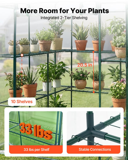 Walk-in Greenhouse, 137 x 137 x 196 cm Greenhouse for Outdoors with PVC Cover, 2 Tiers 10 Shelves, Roll-Up Zipper Door, Walk in Green House, Portable Plant Garden Hot House for Backyard Outside
