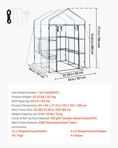 Walk-in Greenhouse, 137 x 137 x 196 cm Greenhouse for Outdoors with PVC Cover, 2 Tiers 10 Shelves, Roll-Up Zipper Door, Walk in Green House, Portable Plant Garden Hot House for Backyard Outside