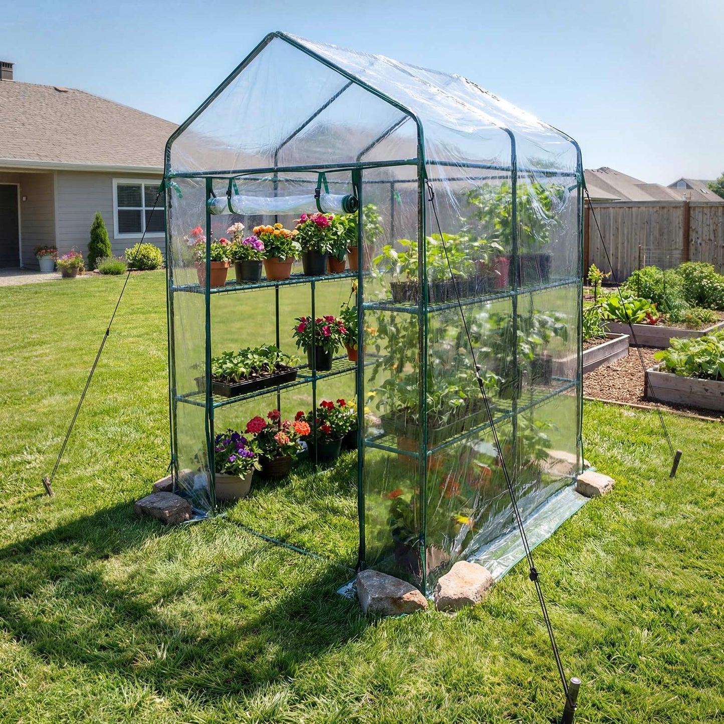 Walk-in Greenhouse, 137 x 137 x 196 cm Greenhouse for Outdoors with PVC Cover, 2 Tiers 10 Shelves, Roll-Up Zipper Door, Walk in Green House, Portable Plant Garden Hot House for Backyard Outside