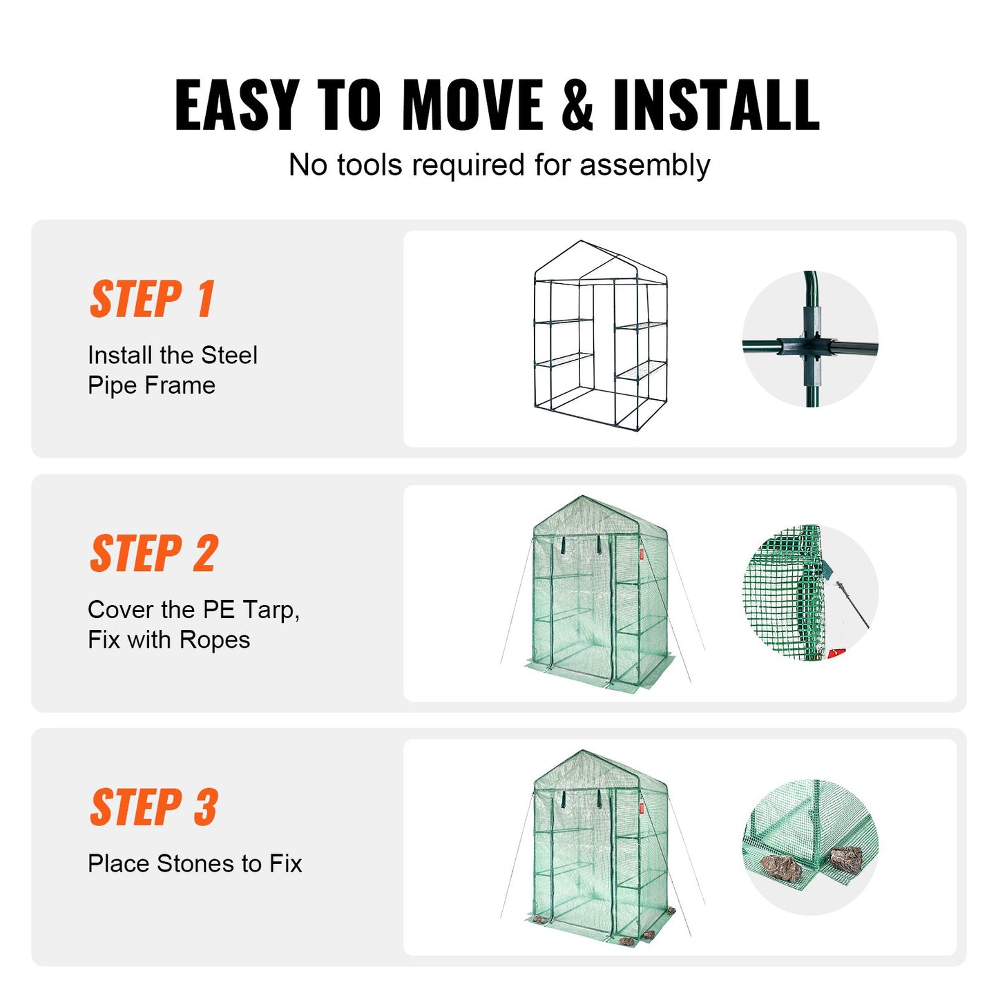 VEVOR Walk-in Green House, 4.6 x 2.4 x  6.7 ft  Greenhouse with Shelves, Set Up
