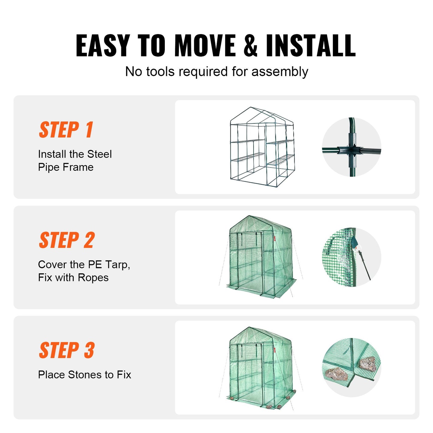 VEVOR Walk-in Green House, 4.6 x 4.6 x  6.6 ft  Greenhouse with Shelves, Set Up