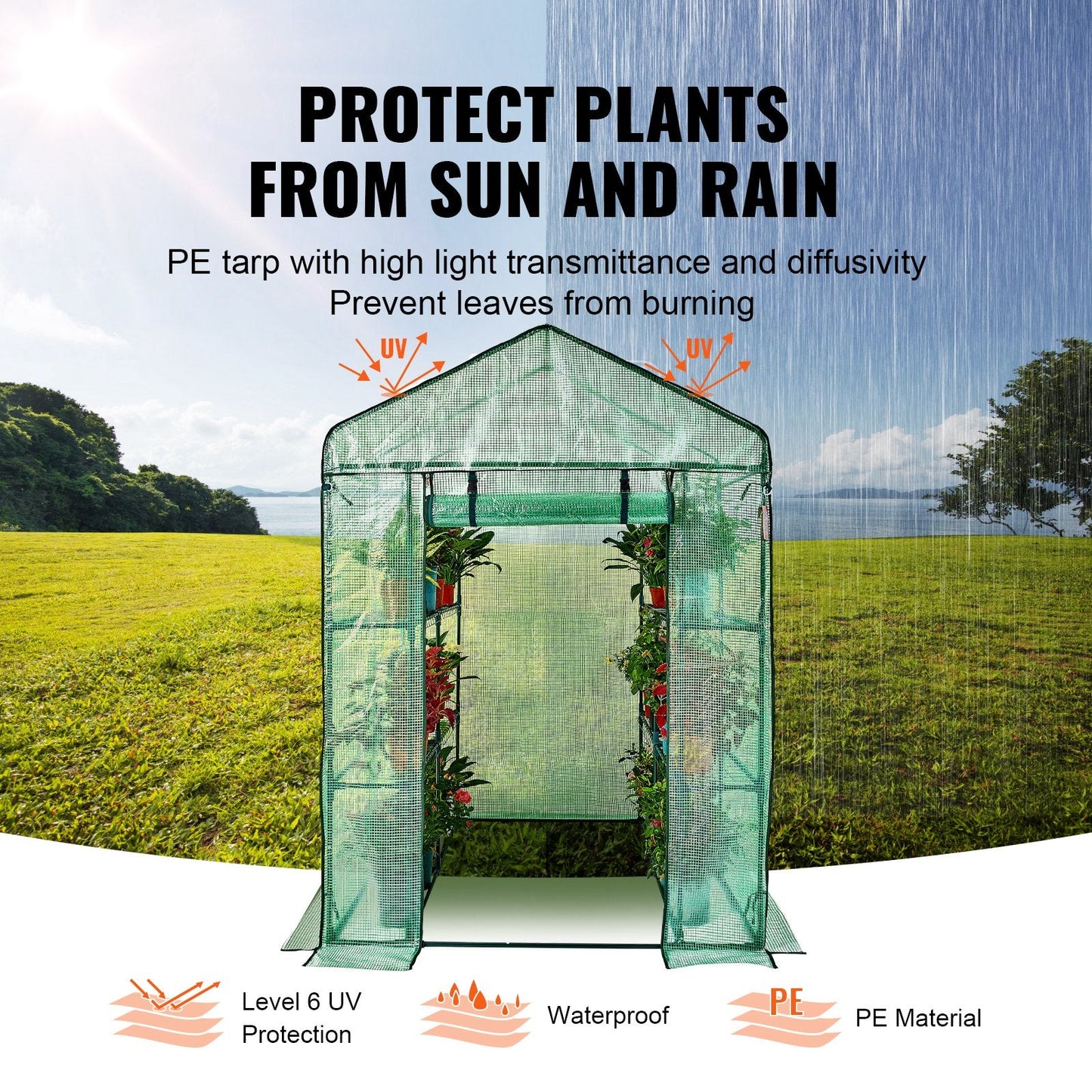 Compact Walk-In Greenhouse with Shelves, 1.4 x 1.4 x 2 m, Easy Setup & Durable Cover