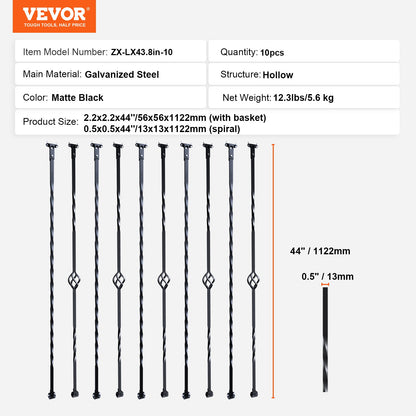 VEVOR Staircase Metal Balusters, 44'' x 1/2" Galvanized Steel Decorative Banister
