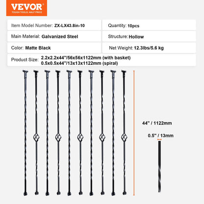 Decorative Steel Staircase Balusters, 1.12m x 13mm, 10-Pack, Matte Black